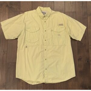 Columbia PFG Men Yellow Size L Button Up Short Sleeve Shirt Pockets Fishing Gear